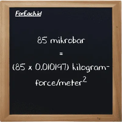 Cara konversi mikrobar ke kilogram-force/meter<sup>2</sup> (µbar ke kgf/m<sup>2</sup>): 85 mikrobar (µbar) setara dengan 85 dikalikan dengan 0.010197 kilogram-force/meter<sup>2</sup> (kgf/m<sup>2</sup>)